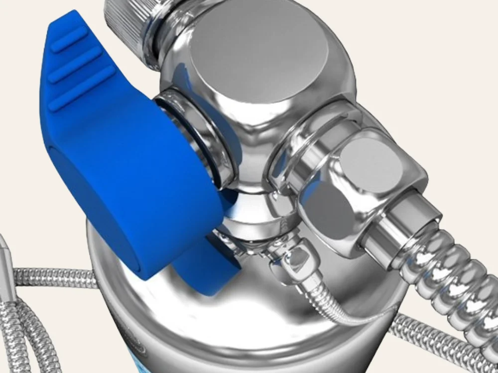 Anespa DX diverter valve and chrome connection fittings — the blue dial switches water flow between shower and bath mode