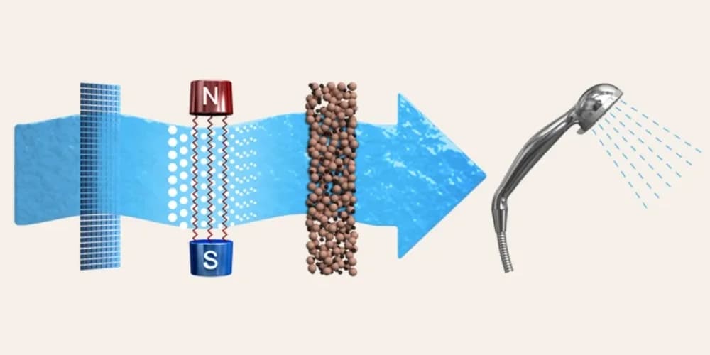 Anespa DX water flow diagram — OHE filter stage, neodymium magnet, Futamata mineral stone cartridge, shower head output
