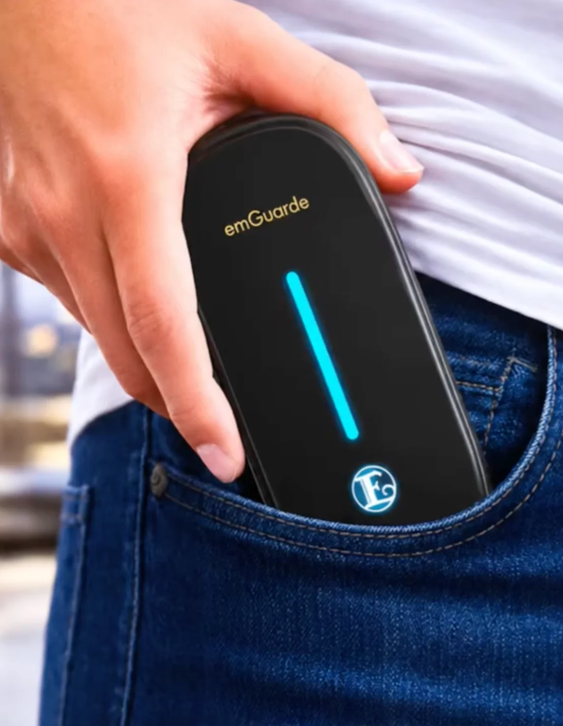 emGuarde Portable (EM002-K) in use — personal EMF protection on the go, pocketable at 175g