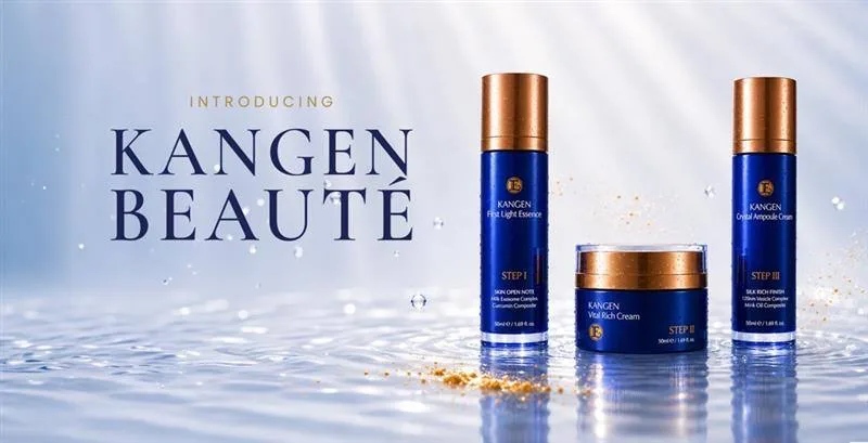 Kangen Beauté three-step luxury skincare collection — First Light Essence, Vital Rich Cream, and Crystal Ampoule Cream by Enagic